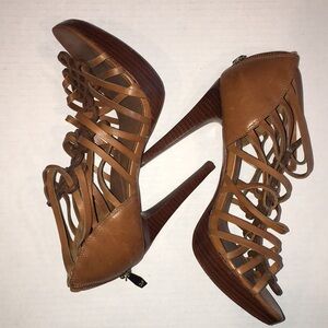 Diane von Furstenberg Tan Leather Caged Strappy Heels — Rear Zip, Sculpted Heel